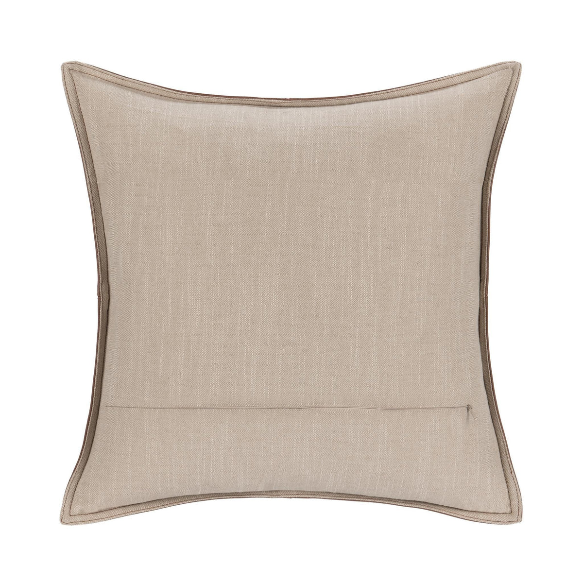 Taupe-beige linen-look square pillow with curved welt piping and seam panels