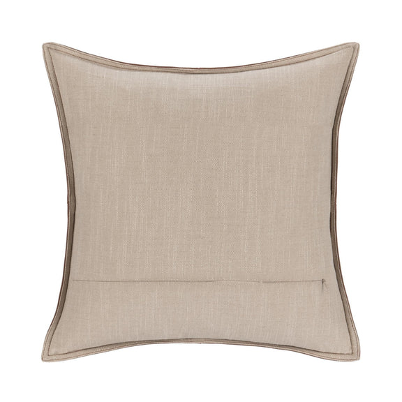 Taupe-beige linen-look square pillow with curved welt piping and seam panels