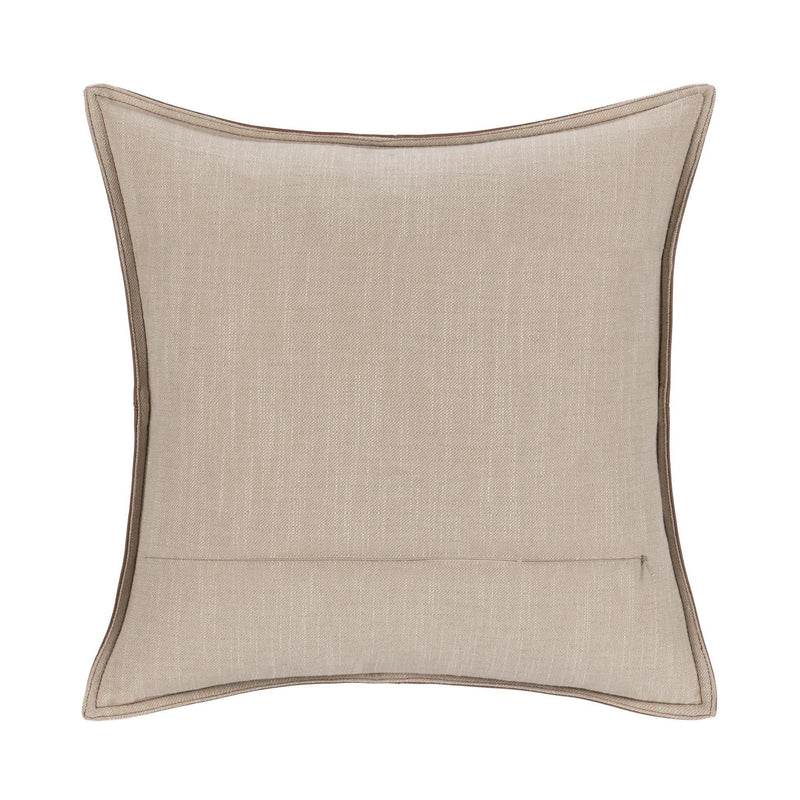 Taupe-beige linen-look square pillow with curved welt piping and seam panels