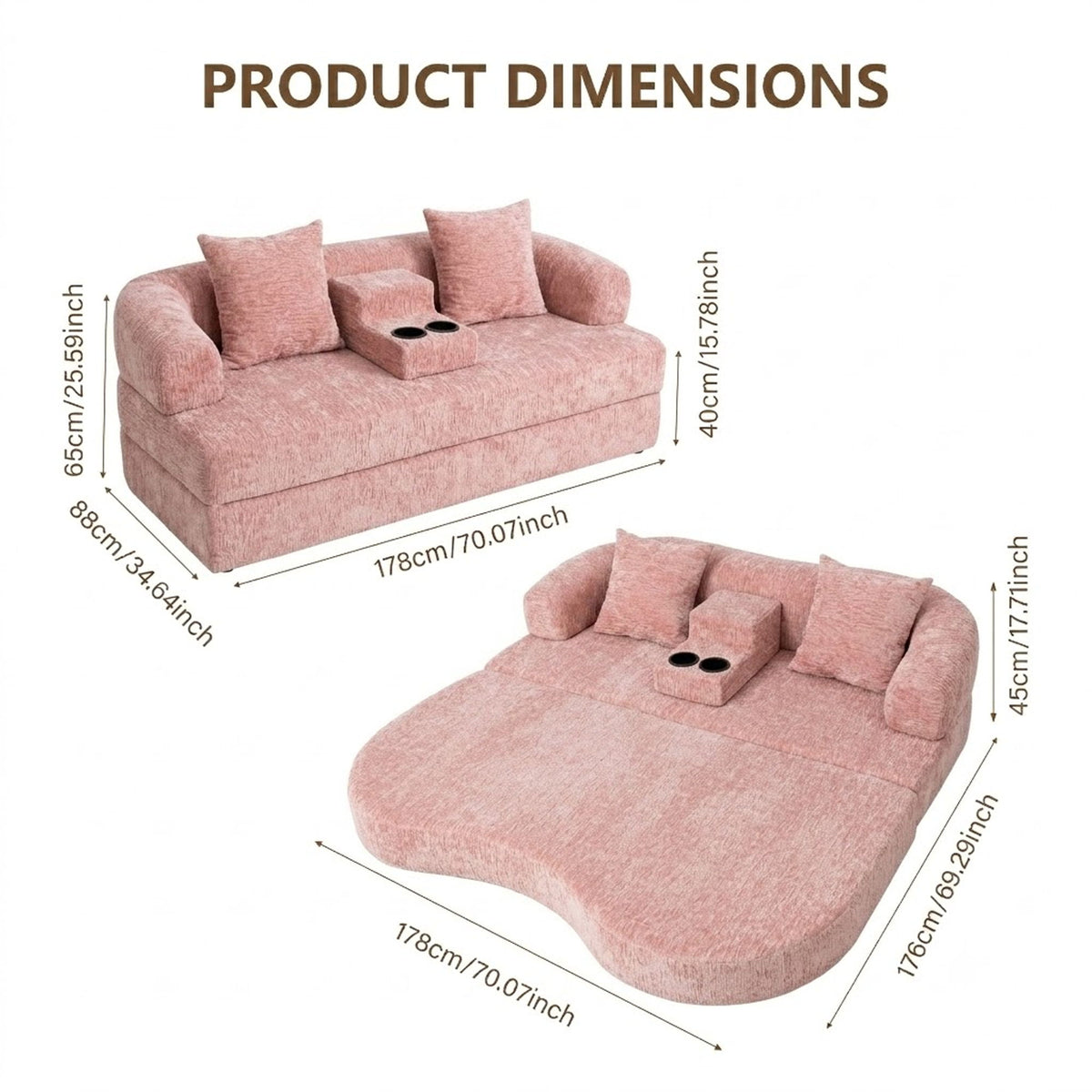 Pink convertible sleeper sofa bed dimensions diagram with two cup holders