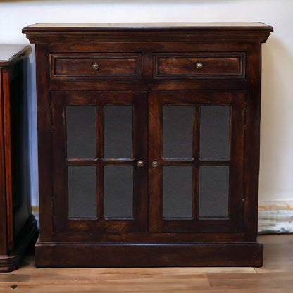 Dark brown cabinet with glazed doors and two drawers, featuring metal knobs.