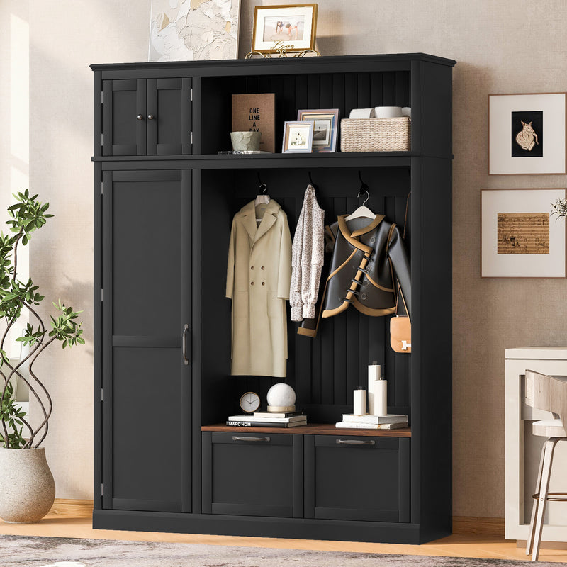 Hall Tree with Bench Adjustable Shelves Black