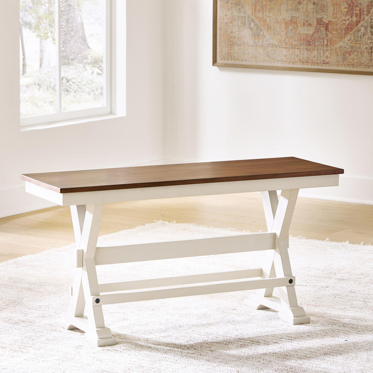 Dark brown wood dining bench with white trestle base and lower shelf