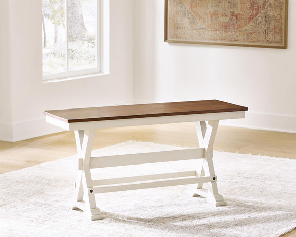 Dark brown wood dining bench with white trestle base and lower shelf