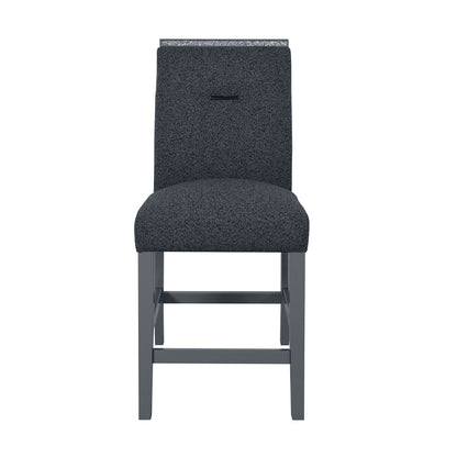 Dark gray bar stool with padded seat, rectangular back, and gray wooden legs