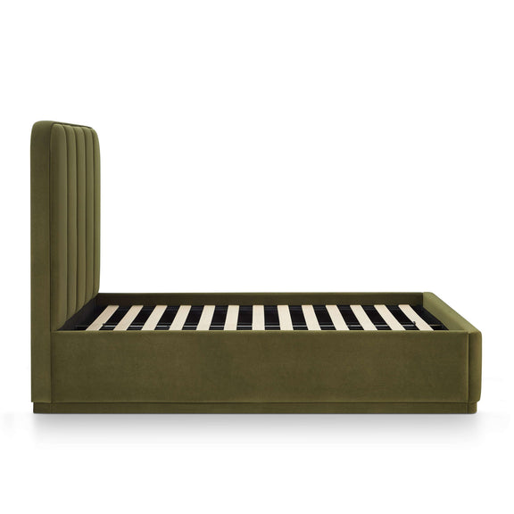 Dark green performance velvet bed frame with vertical channel headboard and slats