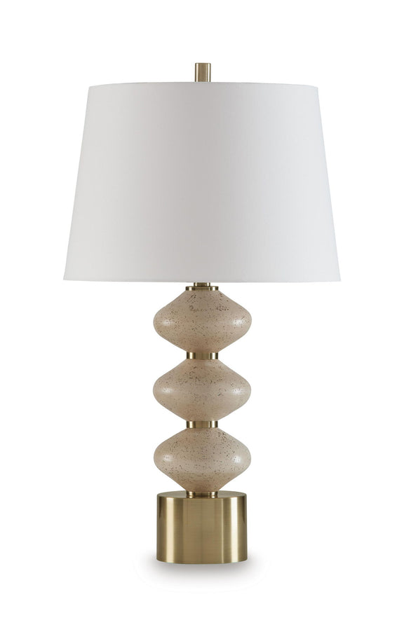 Beige fabric shade beige-speckled column table lamp with gold base