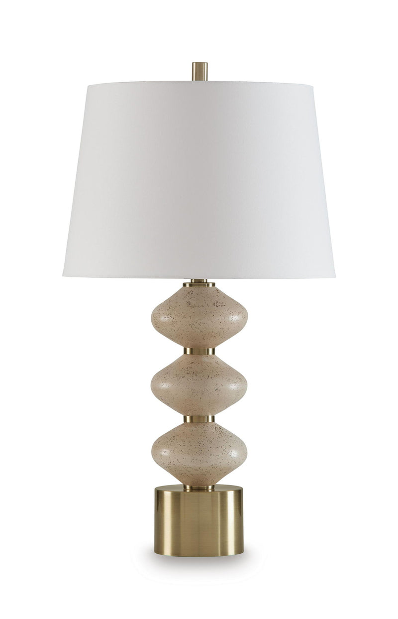 Beige fabric shade beige-speckled column table lamp with gold base