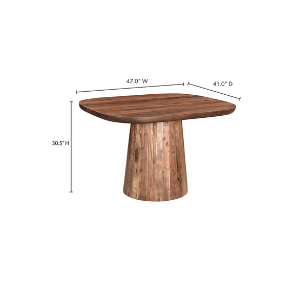 Smoked wood dining table with rounded-corner rectangular top and pedestal base