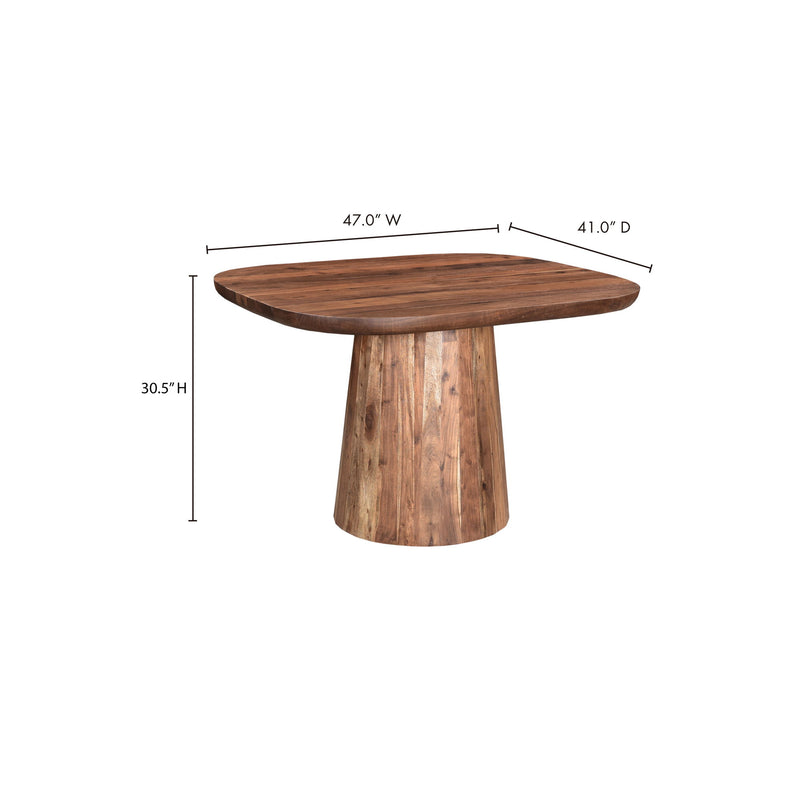 Smoked wood dining table with rounded-corner rectangular top and pedestal base