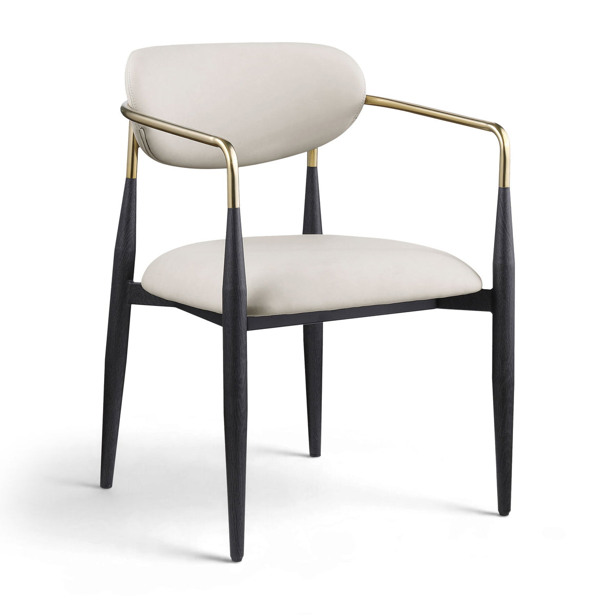 Upholstered dining arm chair with light beige seat and back, black legs, gold arm frame