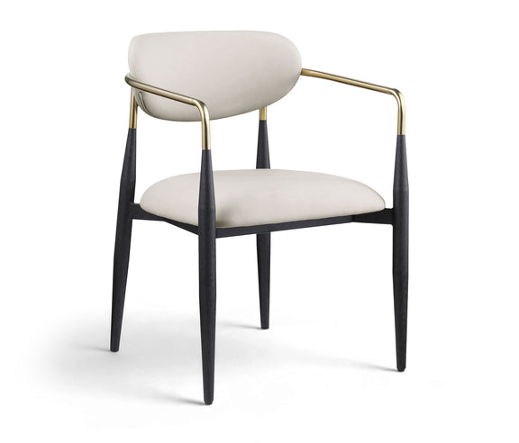 Upholstered dining arm chair with light beige seat and back, black legs, gold arm frame