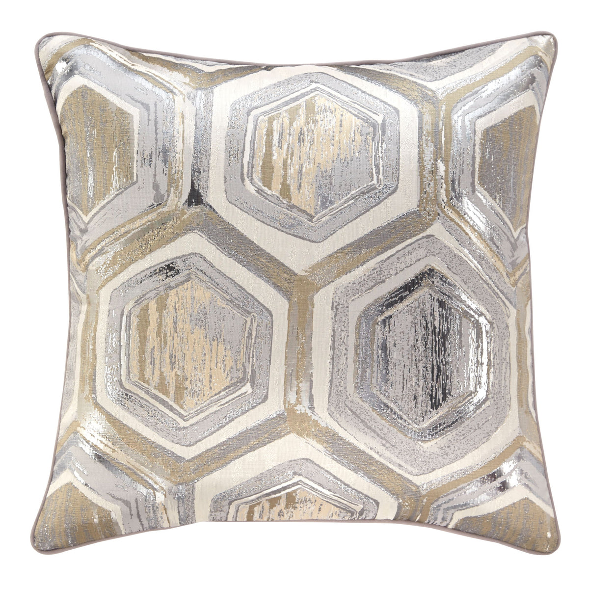 Metallic geometric square throw pillow with gold and silver hexagon pattern, stitched edges