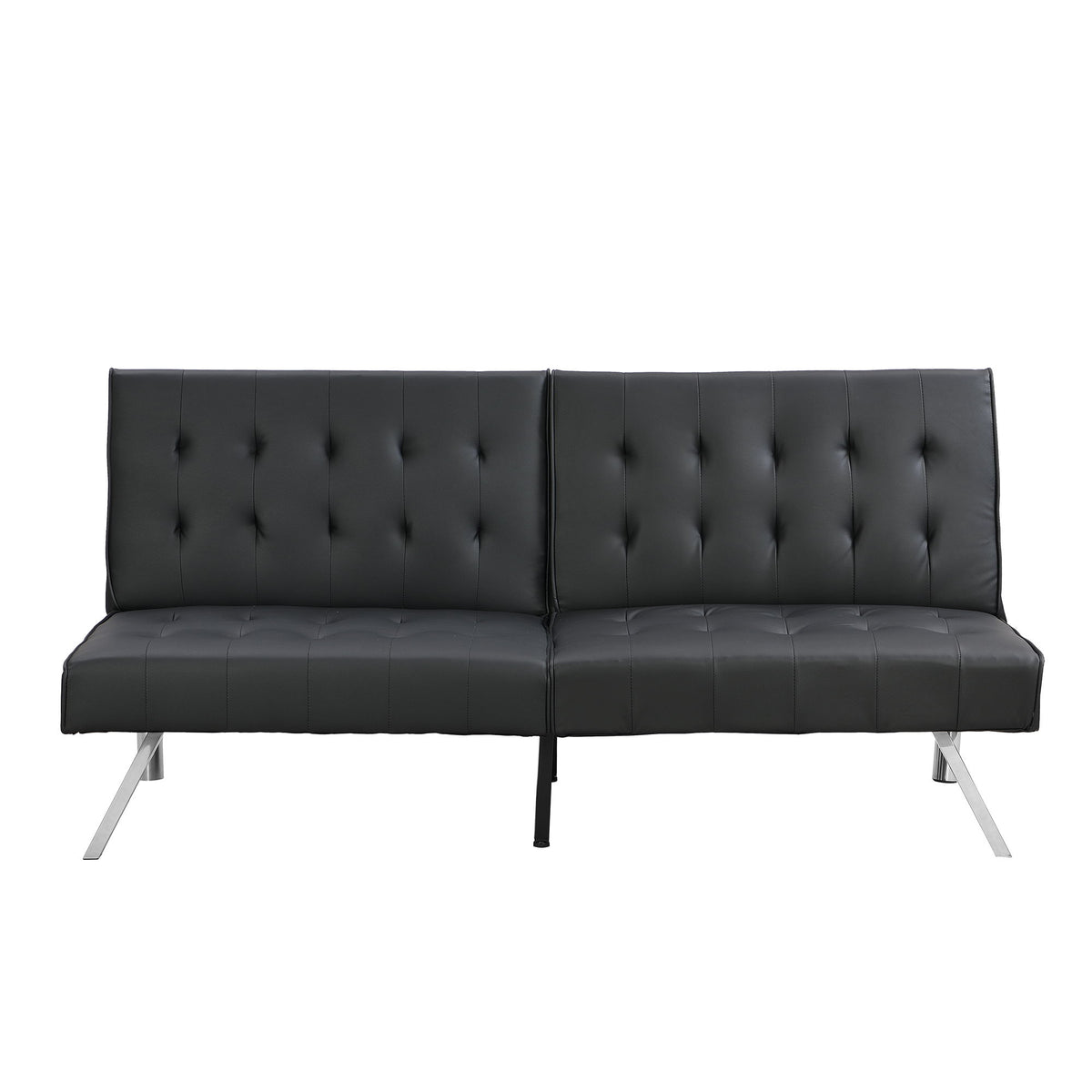 Black tufted sofa bed with split backrest, low arms, and angled metal legs