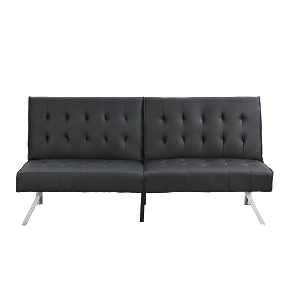 Black tufted sofa bed with split backrest, low arms, and angled metal legs