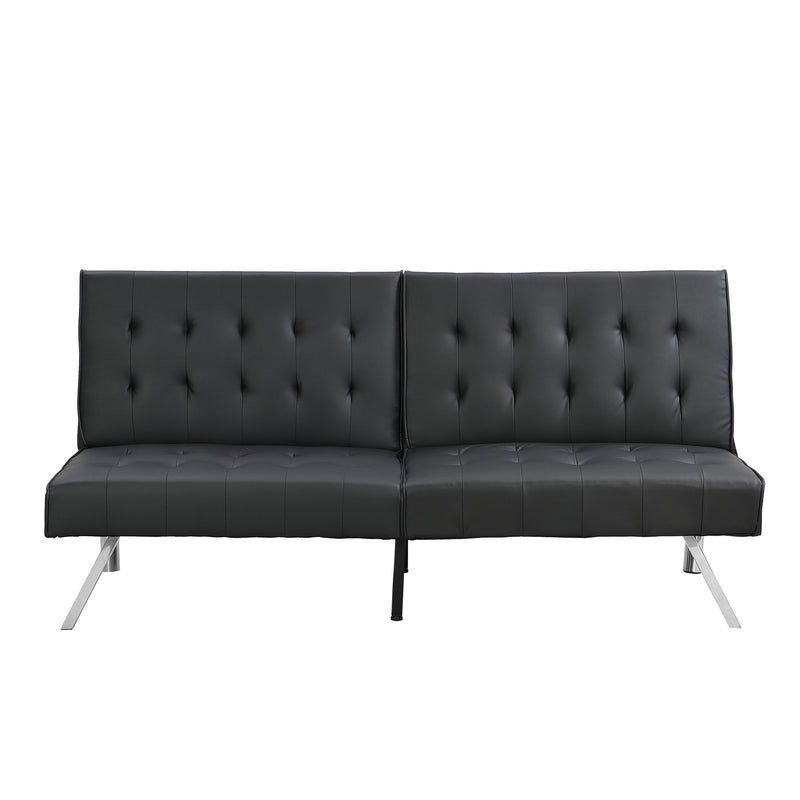 Black tufted sofa bed with split backrest, low arms, and angled metal legs