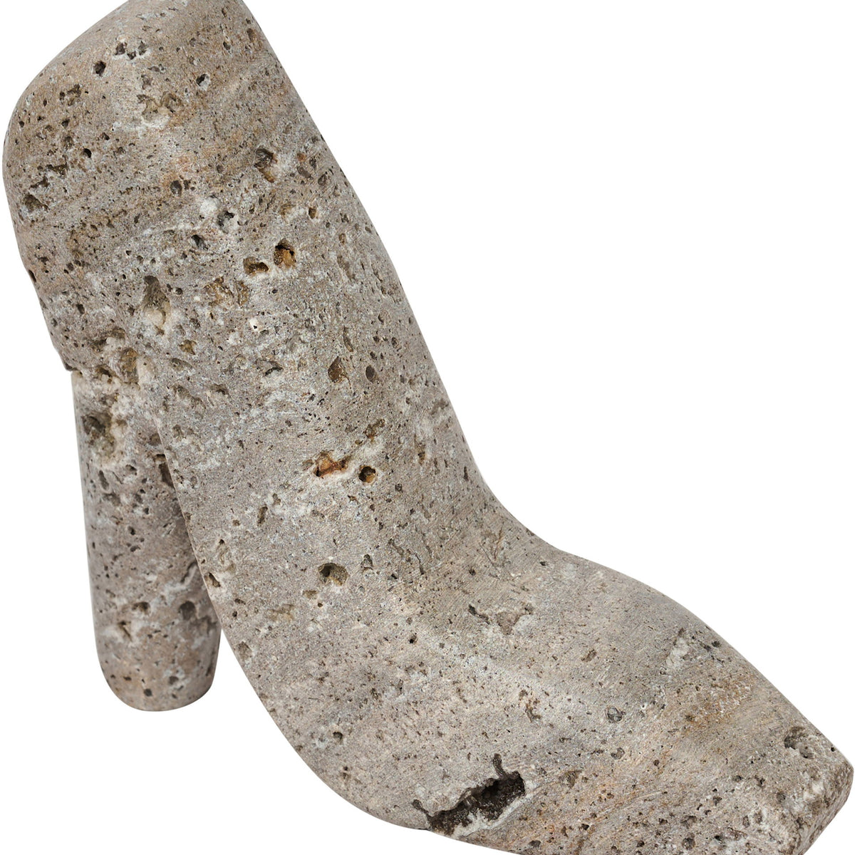 Gray travertine-style high-heel shoe tabletop sculpture, angled view, speckled finish