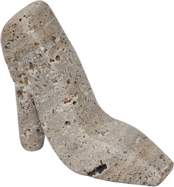 Gray travertine-style high-heel shoe tabletop sculpture, angled view, speckled finish