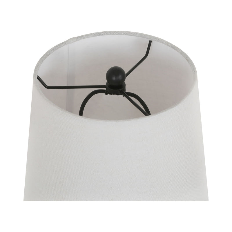 White fabric table lamp shade with black finial and metal arms