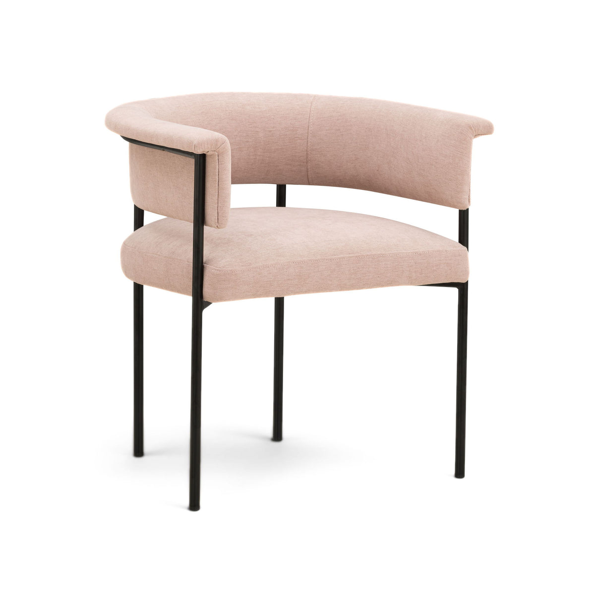 Light pink upholstered dining chair with rounded seat, curved arms, and black legs