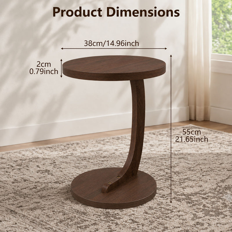 Dark brown round end table with pedestal base and lower shelf, size labeled