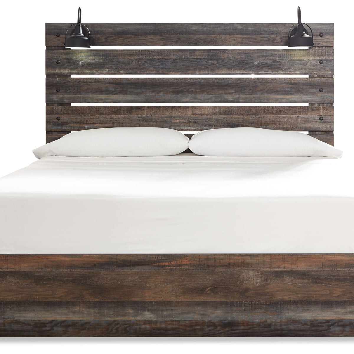 Panel bed with dark wood headboard slats and a clean, raised platform base