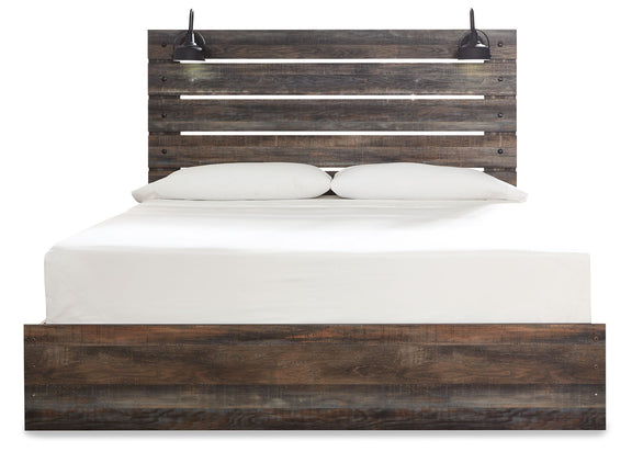 Panel bed with dark wood headboard slats and a clean, raised platform base