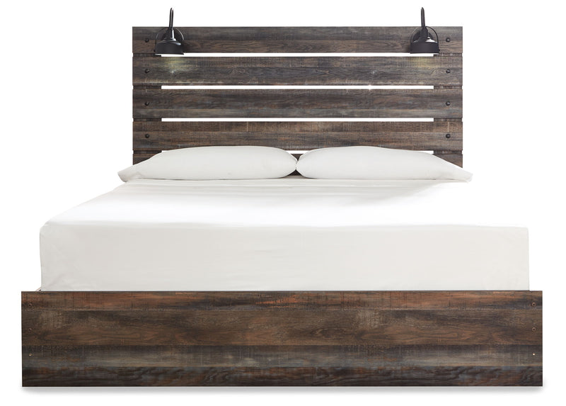Panel bed with dark wood headboard slats and a clean, raised platform base