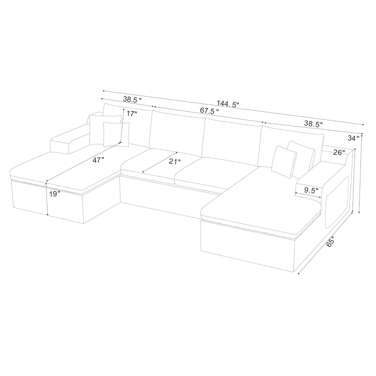 U-shaped sectional sofa layout diagram with labeled dimensions