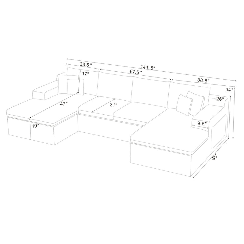 U-shaped sectional sofa layout diagram with labeled dimensions