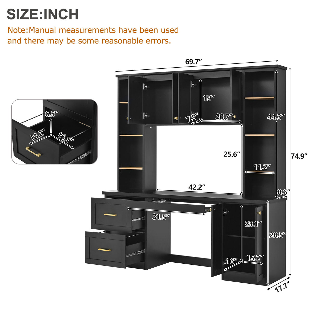 Black computer desk with hutch measurement diagram with labeled dimensions and drawer layout