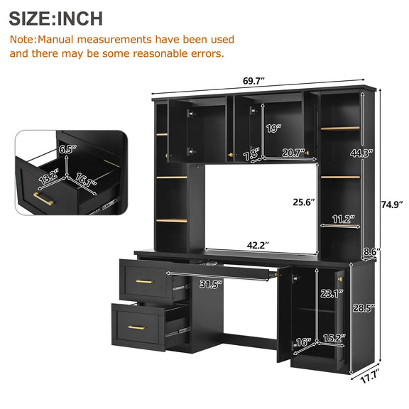 Black computer desk with hutch measurement diagram with labeled dimensions and drawer layout