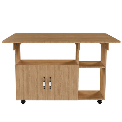 Light brown folding table with storage shelves and four caster wheels