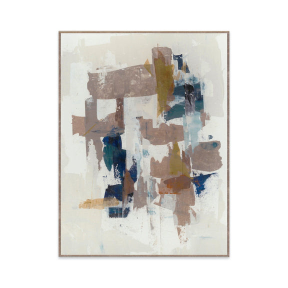 Framed abstract wall painting with blue, brown, and beige geometric patches