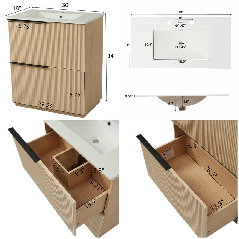 Light brown fluted vanity showing open drawers and ceramic sink, with soft-close slides