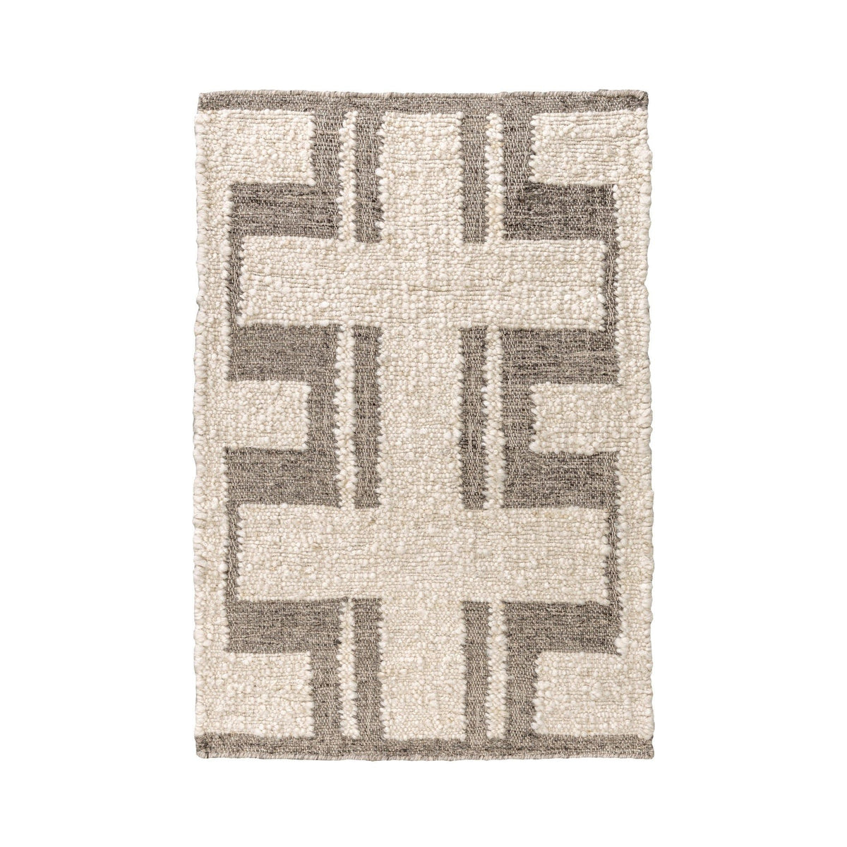 Ivory area rug with gray geometric cross pattern and stitched texture
