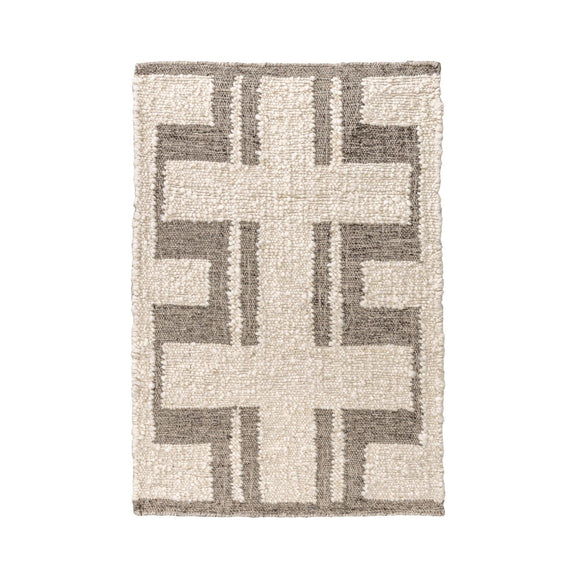 Ivory area rug with gray geometric cross pattern and stitched texture