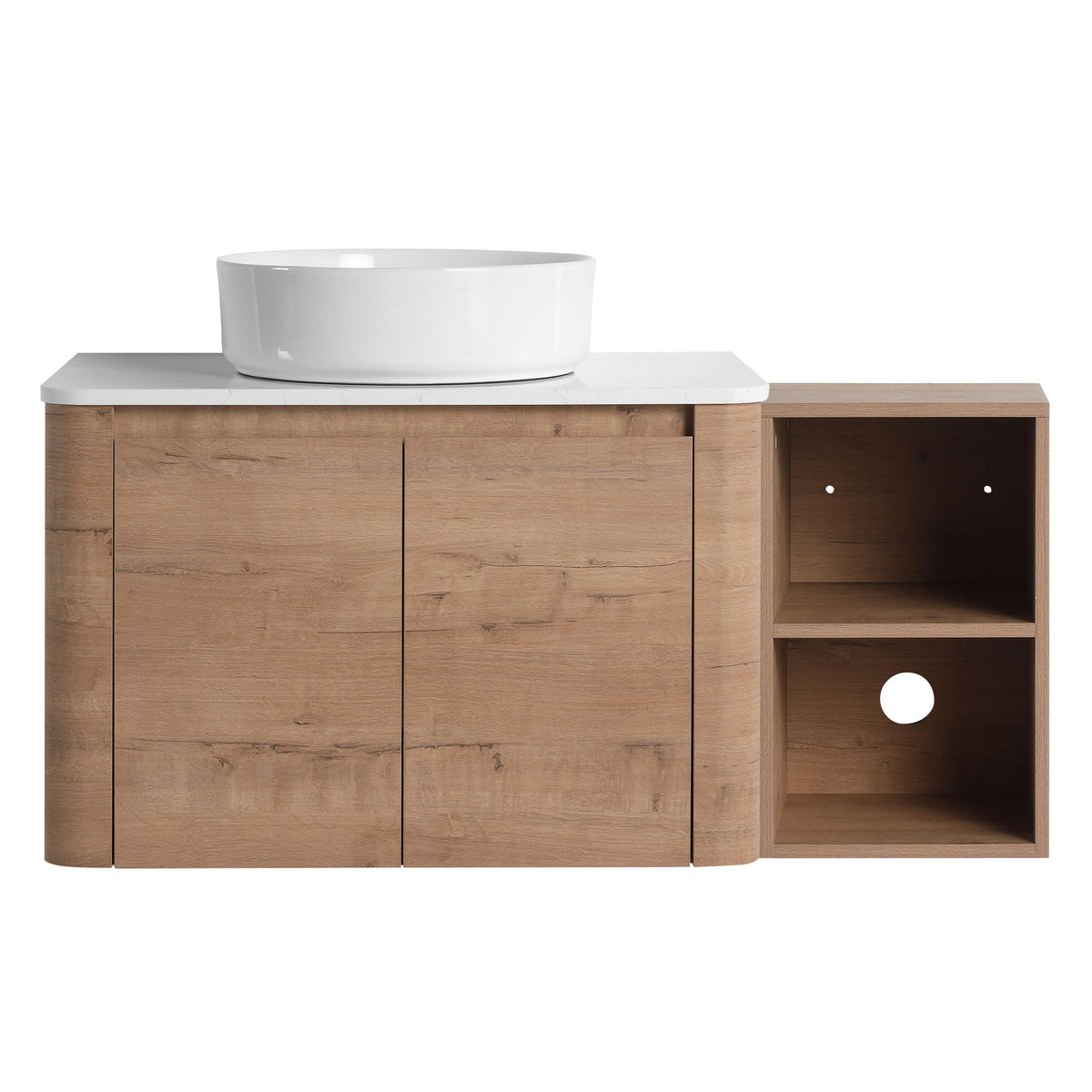 Wall-mounted bathroom vanity with white art sink and open right storage shelf in wood