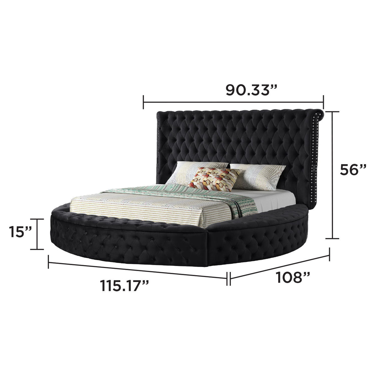 Black tufted storage bed with tall headboard, curved foot, and fitted slats