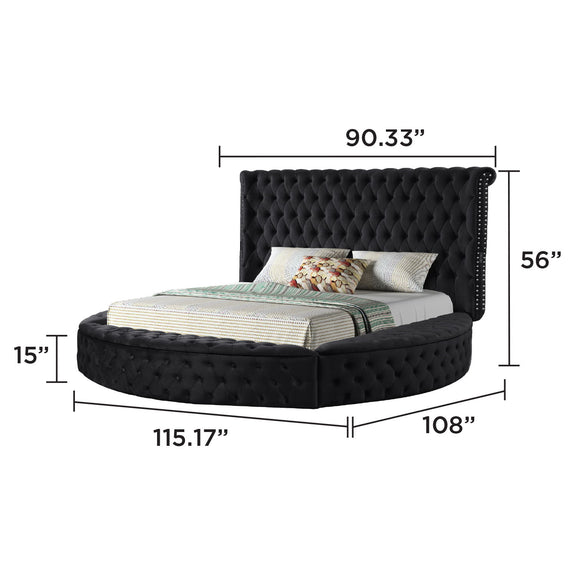 Black tufted storage bed with tall headboard, curved foot, and fitted slats