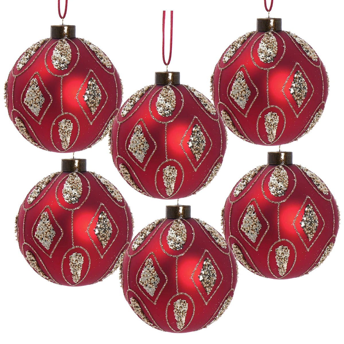Multiple red and gold hanging Christmas ball ornaments with loop tops and diamond designs