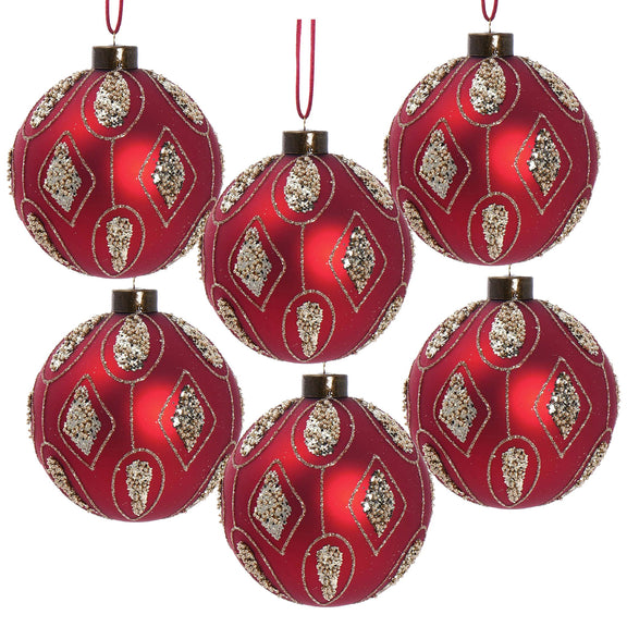 Multiple red and gold hanging Christmas ball ornaments with loop tops and diamond designs