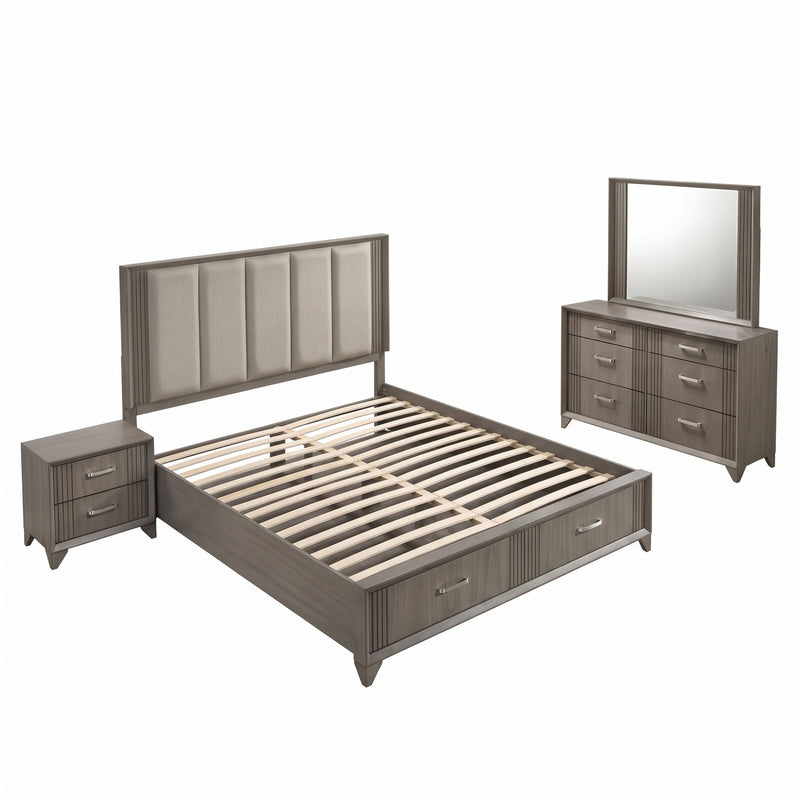 Dark gray upholstered bed with two matching nightstands and slat base, bedroom set
