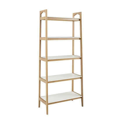Parker five-shelf bookcase with light brown wood frame and white shelves