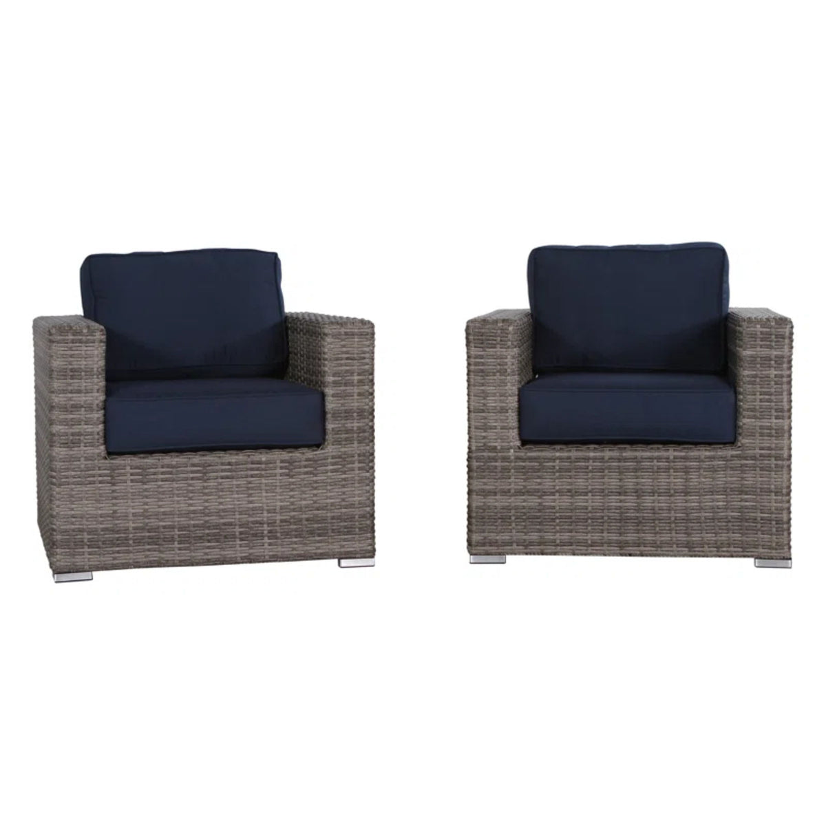 Two outdoor patio chairs with gray woven frames and navy blue seat and back cushions