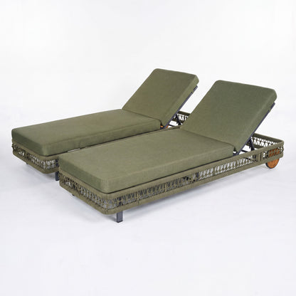 Two dark green outdoor chaise lounges with 5-position adjustable backrests and wheels