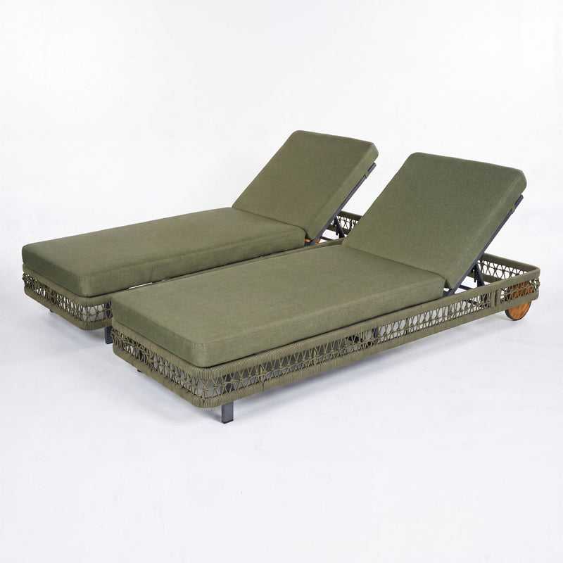 Two dark green outdoor chaise lounges with 5-position adjustable backrests and wheels
