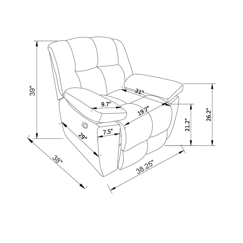 Glider recliner size diagram showing seat, back height, and overall dimensions