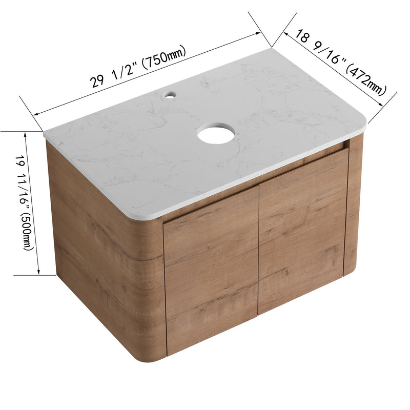 Dark wood bathroom vanity cabinet with white countertop and two doors, oval opening