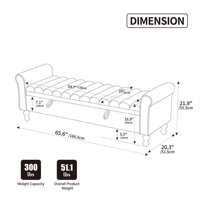 Wide Modern Upholstered Storage Bench With Rolled Armrest